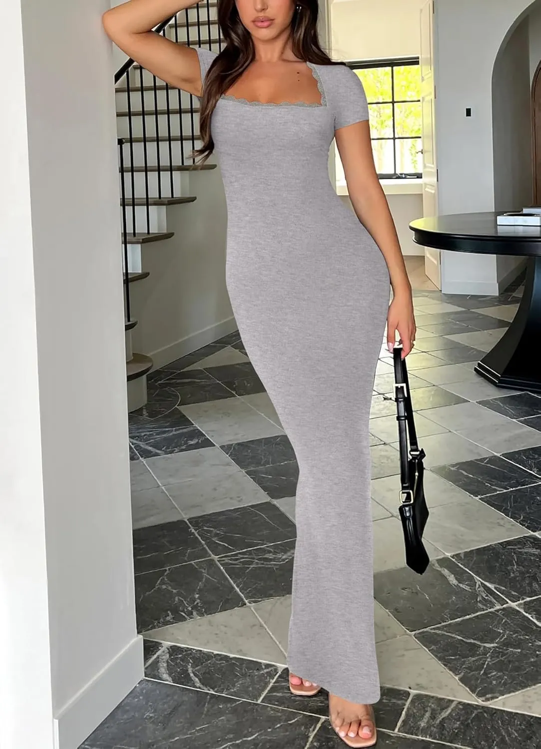 REORIA Womens Summer Square Neck Short Sleeve Long Dress Formal Wedding Guest Elegant Ribbed Bodycon Maxi Dresses