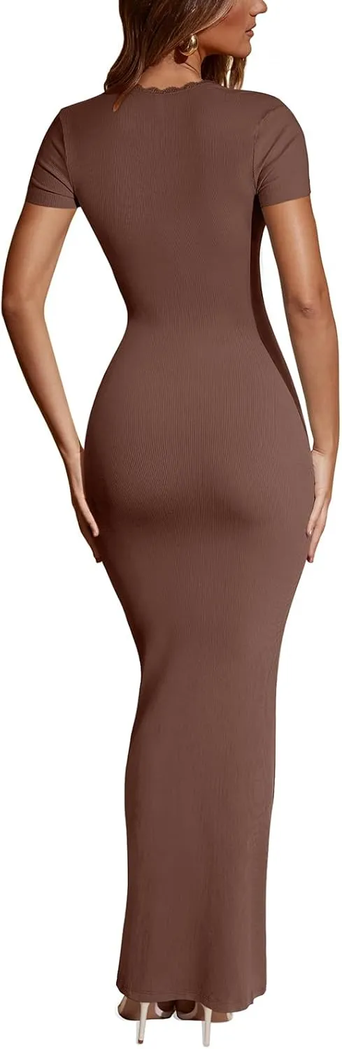 REORIA Womens Summer Square Neck Short Sleeve Long Dress Formal Wedding Guest Elegant Ribbed Bodycon Maxi Dresses