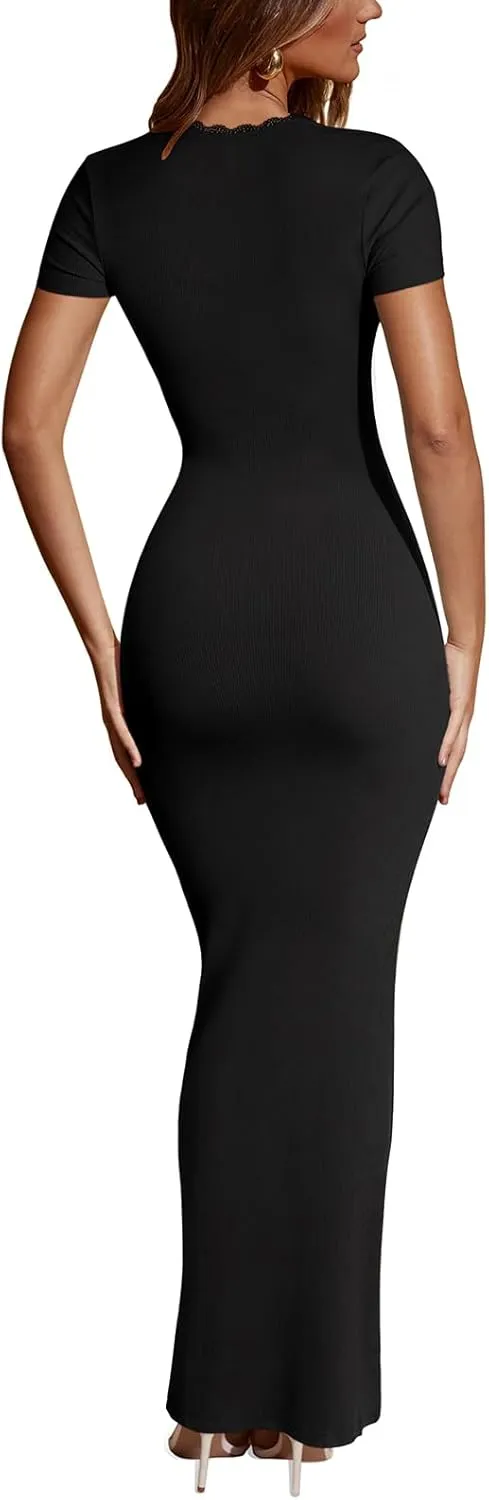 REORIA Womens Summer Square Neck Short Sleeve Long Dress Formal Wedding Guest Elegant Ribbed Bodycon Maxi Dresses