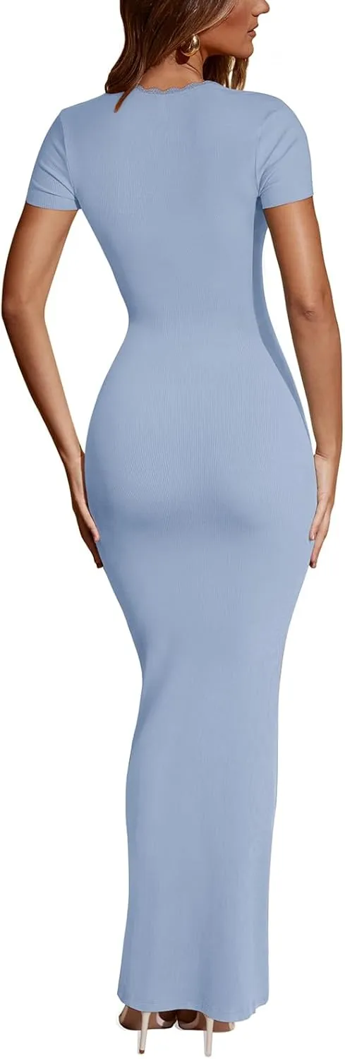 REORIA Womens Summer Square Neck Short Sleeve Long Dress Formal Wedding Guest Elegant Ribbed Bodycon Maxi Dresses