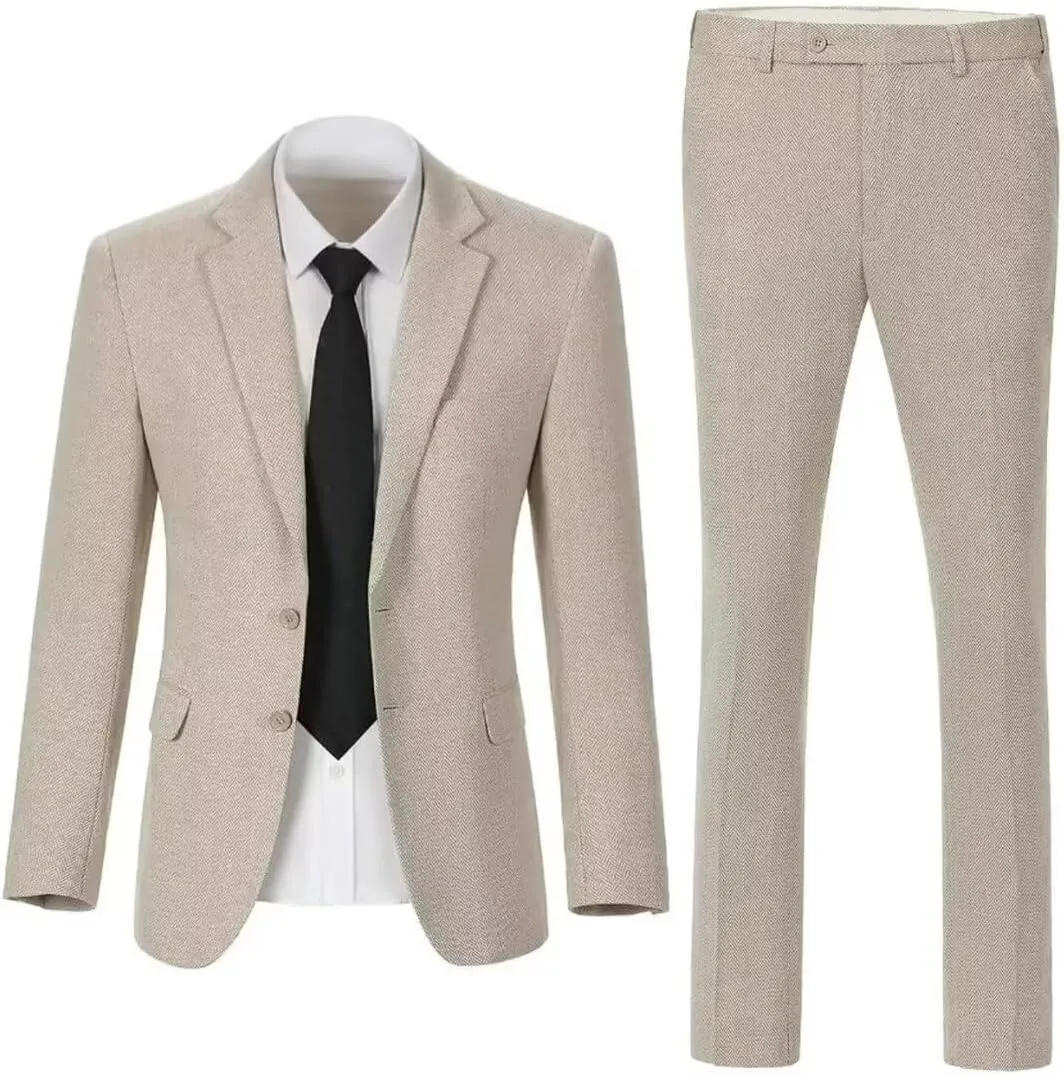 Retro Tweed Mens Suit Herringbone Slim Fit 2 Buttons Men's Jackets Sets Prom Wedding Jacket Blazer Pants Groom Tuxedo Set