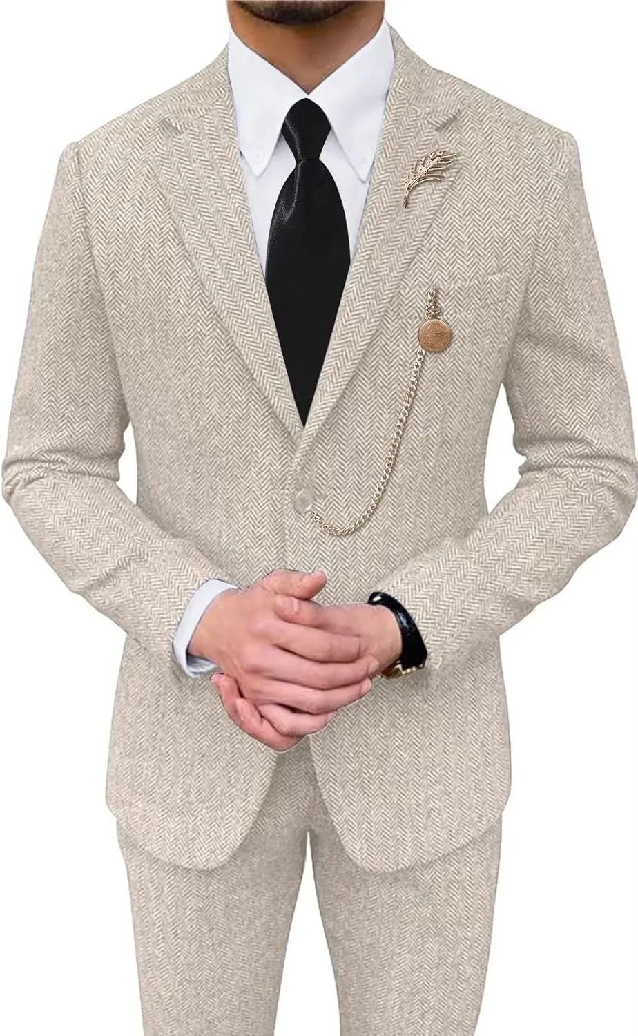 Retro Tweed Mens Suit Herringbone Slim Fit 2 Buttons Men's Jackets Sets Prom Wedding Jacket Blazer Pants Groom Tuxedo Set