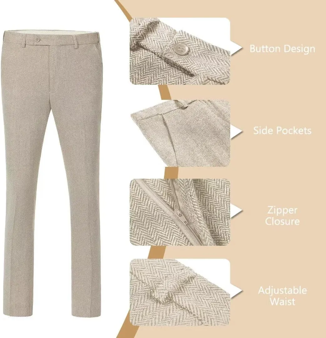 Retro Tweed Mens Suit Herringbone Slim Fit 2 Buttons Men's Jackets Sets Prom Wedding Jacket Blazer Pants Groom Tuxedo Set