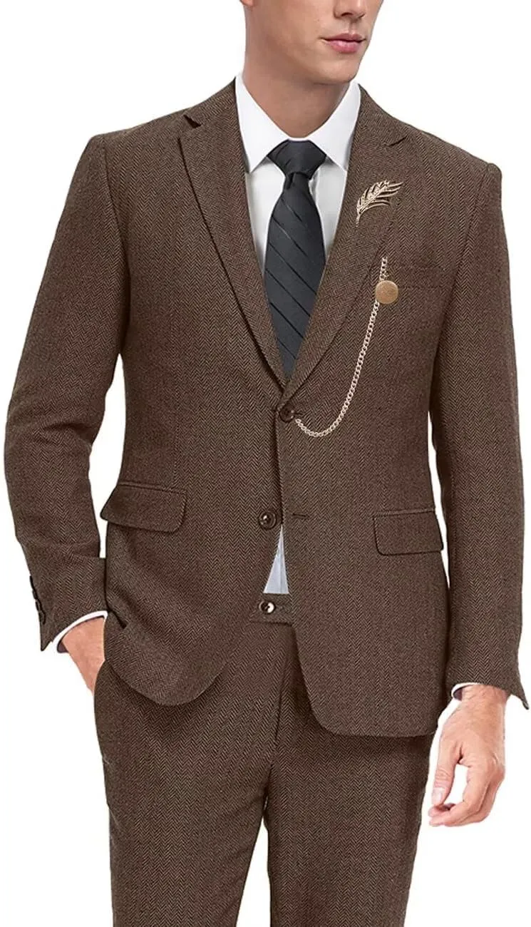 Retro Tweed Mens Suit Herringbone Slim Fit 2 Buttons Men's Jackets Sets Prom Wedding Jacket Blazer Pants Groom Tuxedo Set