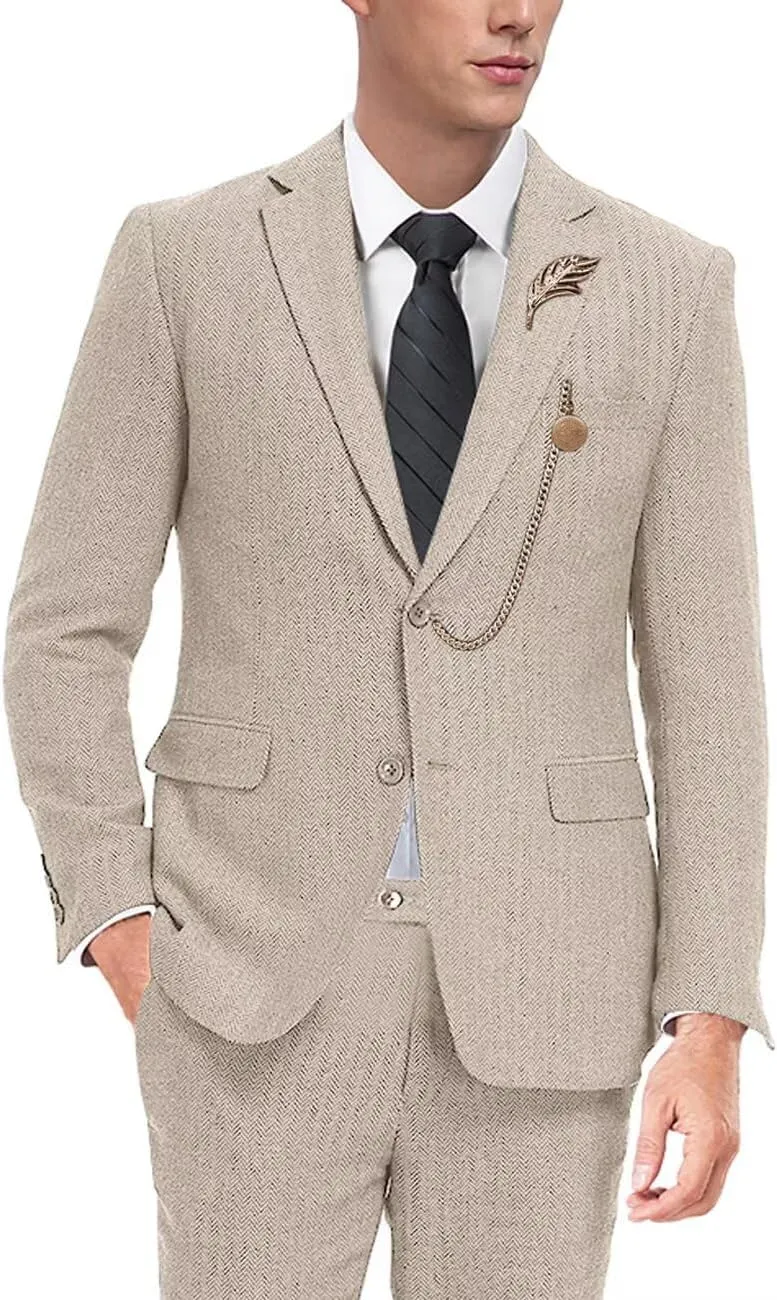 Retro Tweed Mens Suit Herringbone Slim Fit 2 Buttons Men's Jackets Sets Prom Wedding Jacket Blazer Pants Groom Tuxedo Set