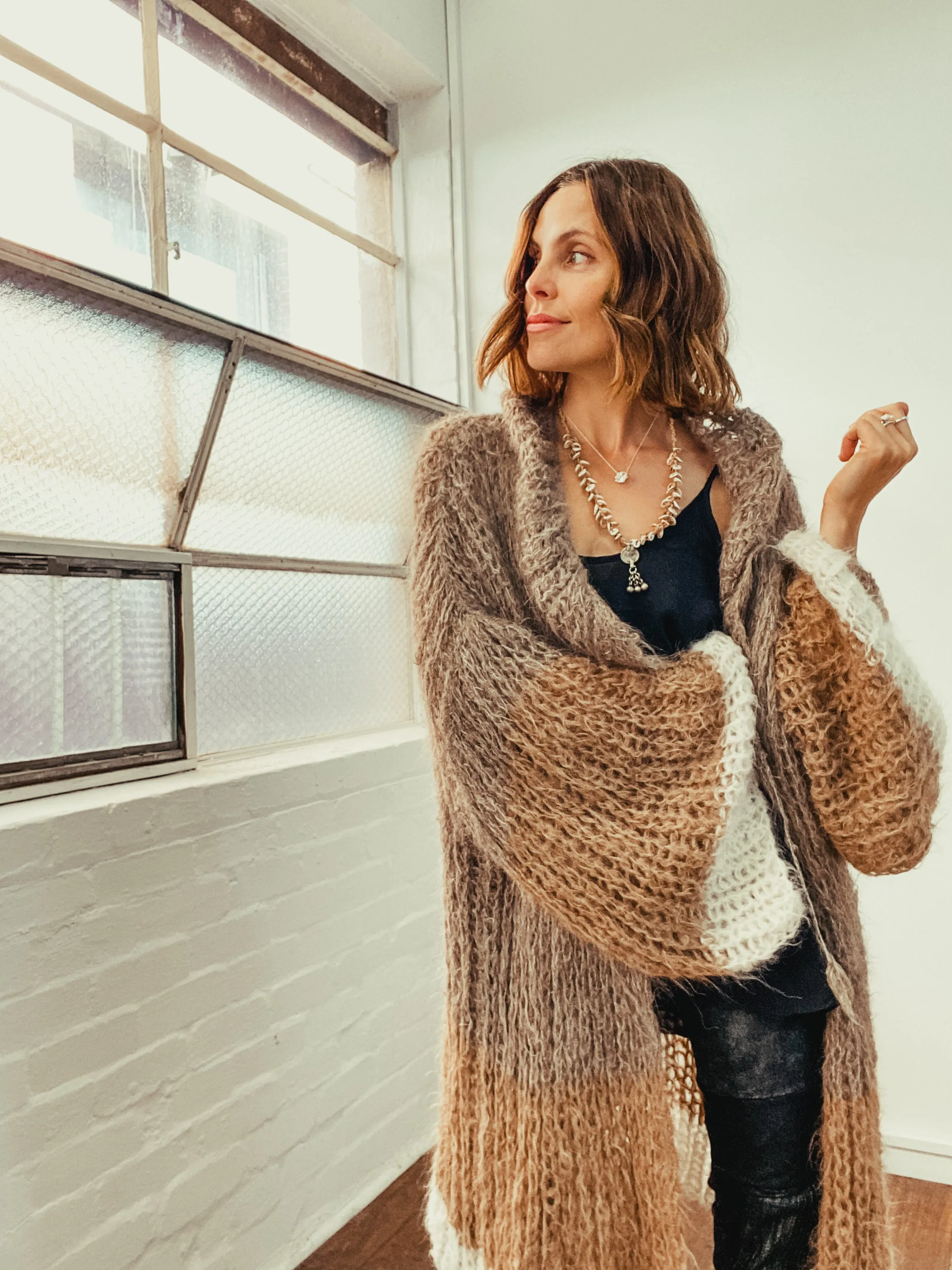 Shawl collar handknit cardigan - tri colour light