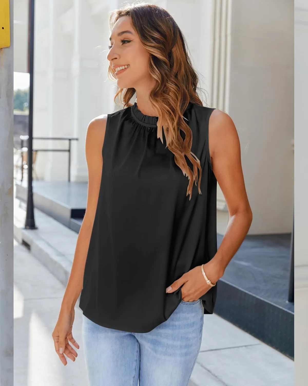 SimpleFun Womens Silk Satin Tank Tops Business Casual Ruffle Trim Mock Neck Sleeveless Summer Blouses Shirts