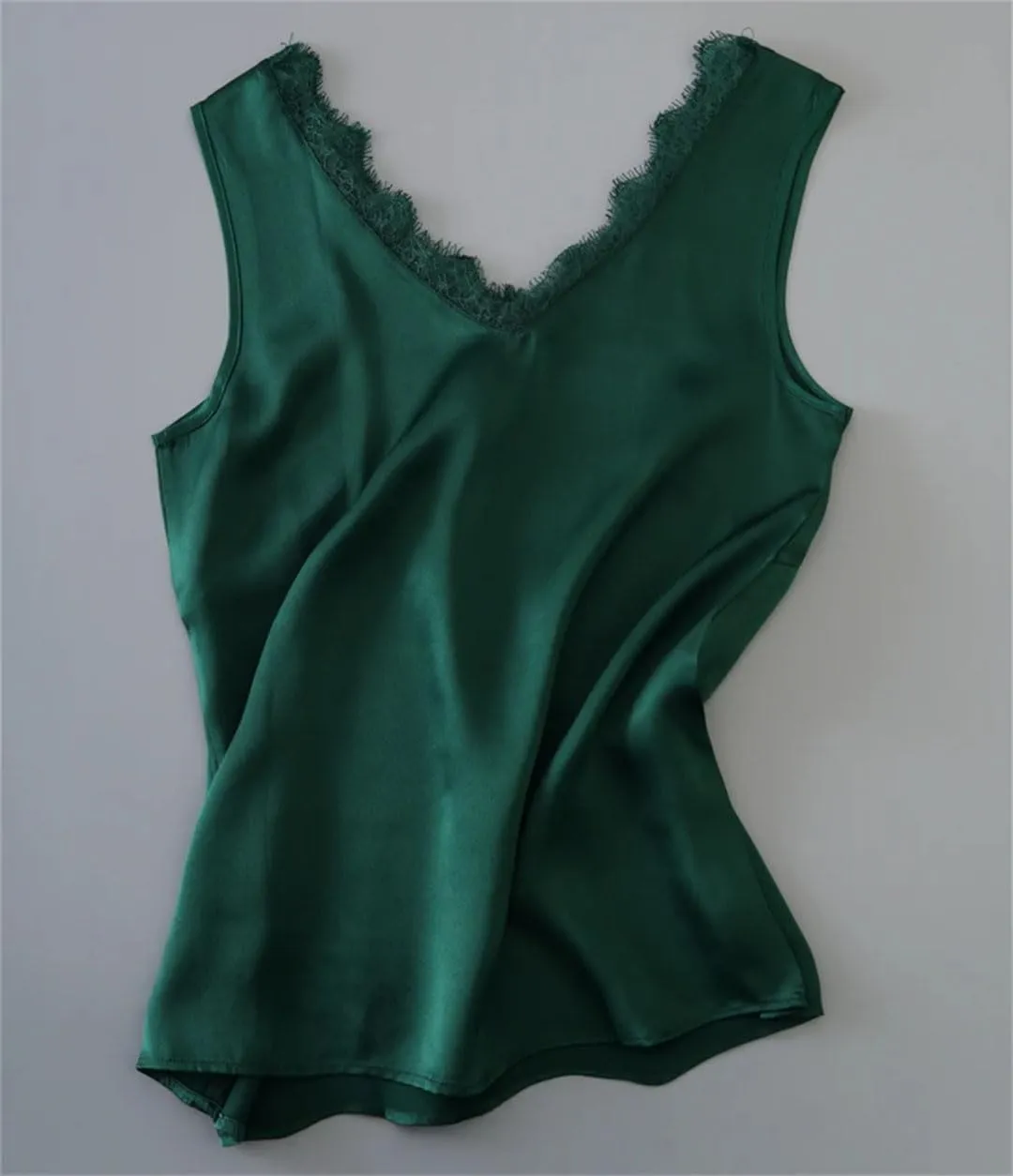 Summer Women Camisole V Neck Lace Mulberry Silk Solid Color Tees
