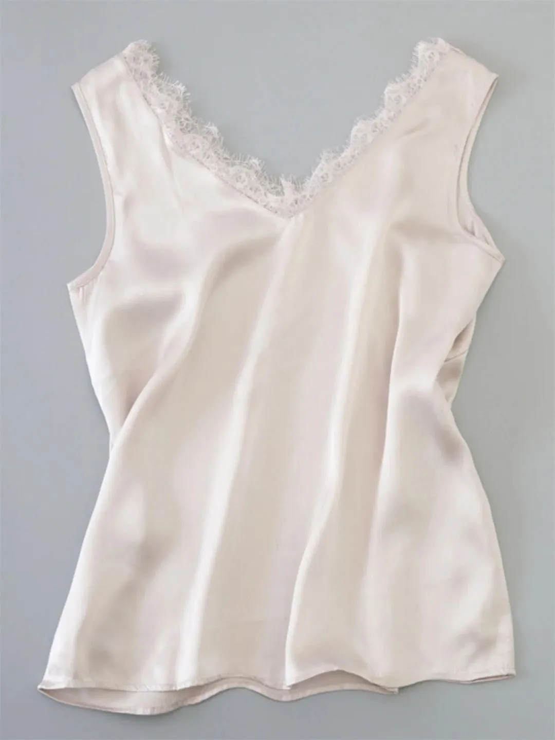 Summer Women Camisole V Neck Lace Mulberry Silk Solid Color Tees