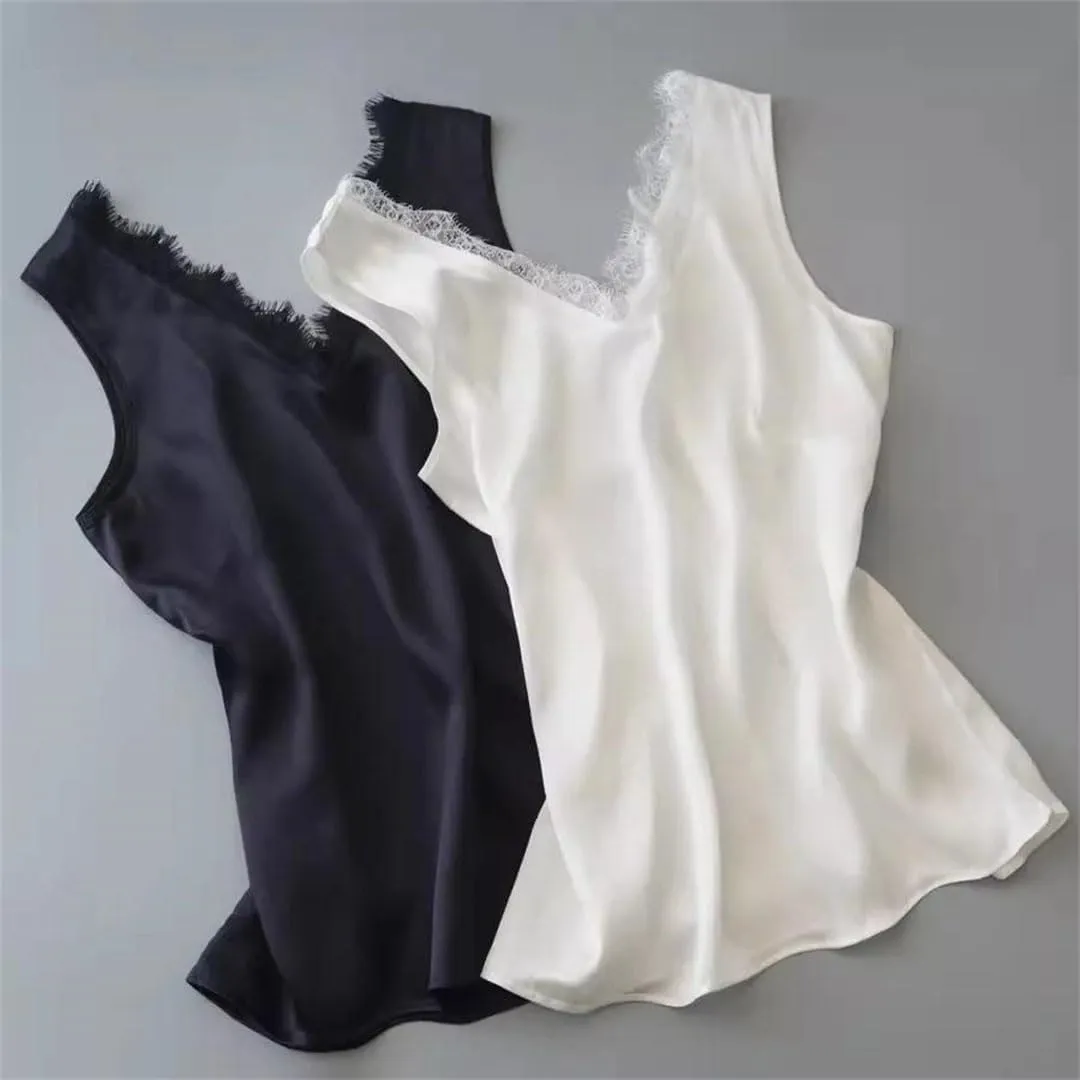 Summer Women Camisole V Neck Lace Mulberry Silk Solid Color Tees
