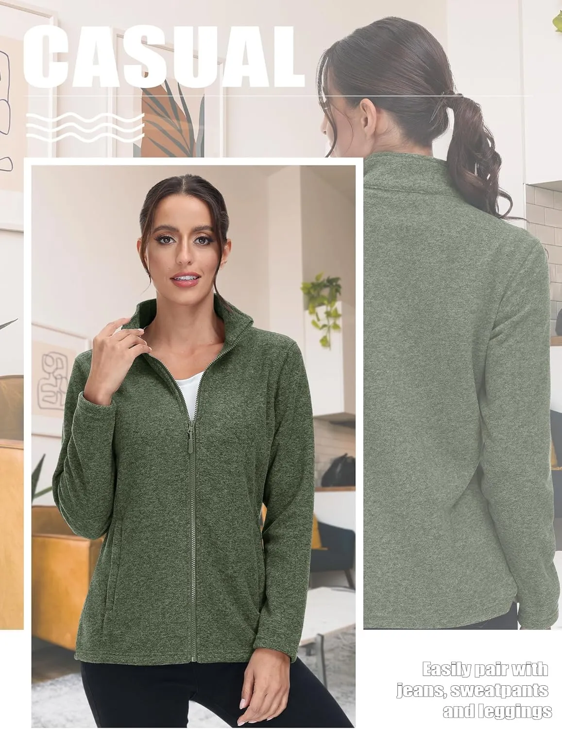 TACVASEN Women's Full Zip Fleece Jacket Lightweight Jacket Womens Winter Warm Coats with 2 Zipper Pockets
