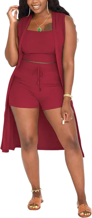 Tcremisa Women's 3 Piece Outfits Crop Top Vest Cardigan and High Waist Shorts Ribbed Knit Lounge Pajama Set