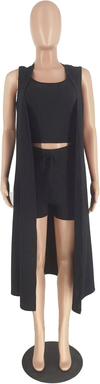 Tcremisa Women's 3 Piece Outfits Crop Top Vest Cardigan and High Waist Shorts Ribbed Knit Lounge Pajama Set