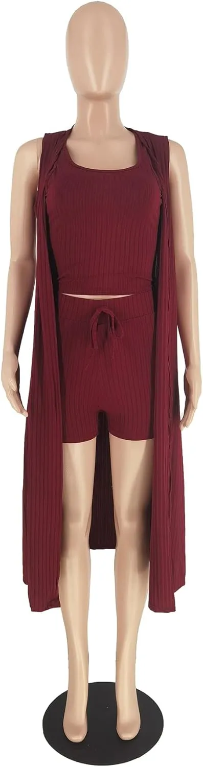 Tcremisa Women's 3 Piece Outfits Crop Top Vest Cardigan and High Waist Shorts Ribbed Knit Lounge Pajama Set