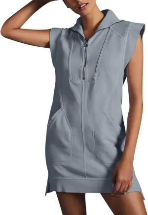 Tennis Dresses for Women 2024 Half Zip Summer Sweatshirts Plus Size Casual Solid Pullover Tees Long Tops with Pocket