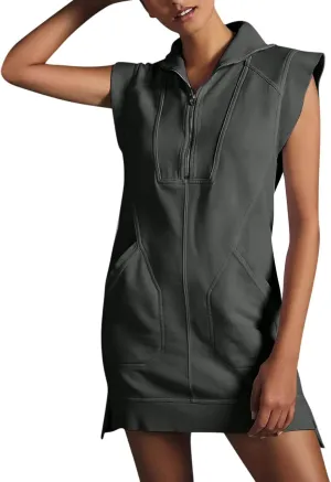 Tennis Dresses for Women 2024 Half Zip Summer Sweatshirts Plus Size Casual Solid Pullover Tees Long Tops with Pocket