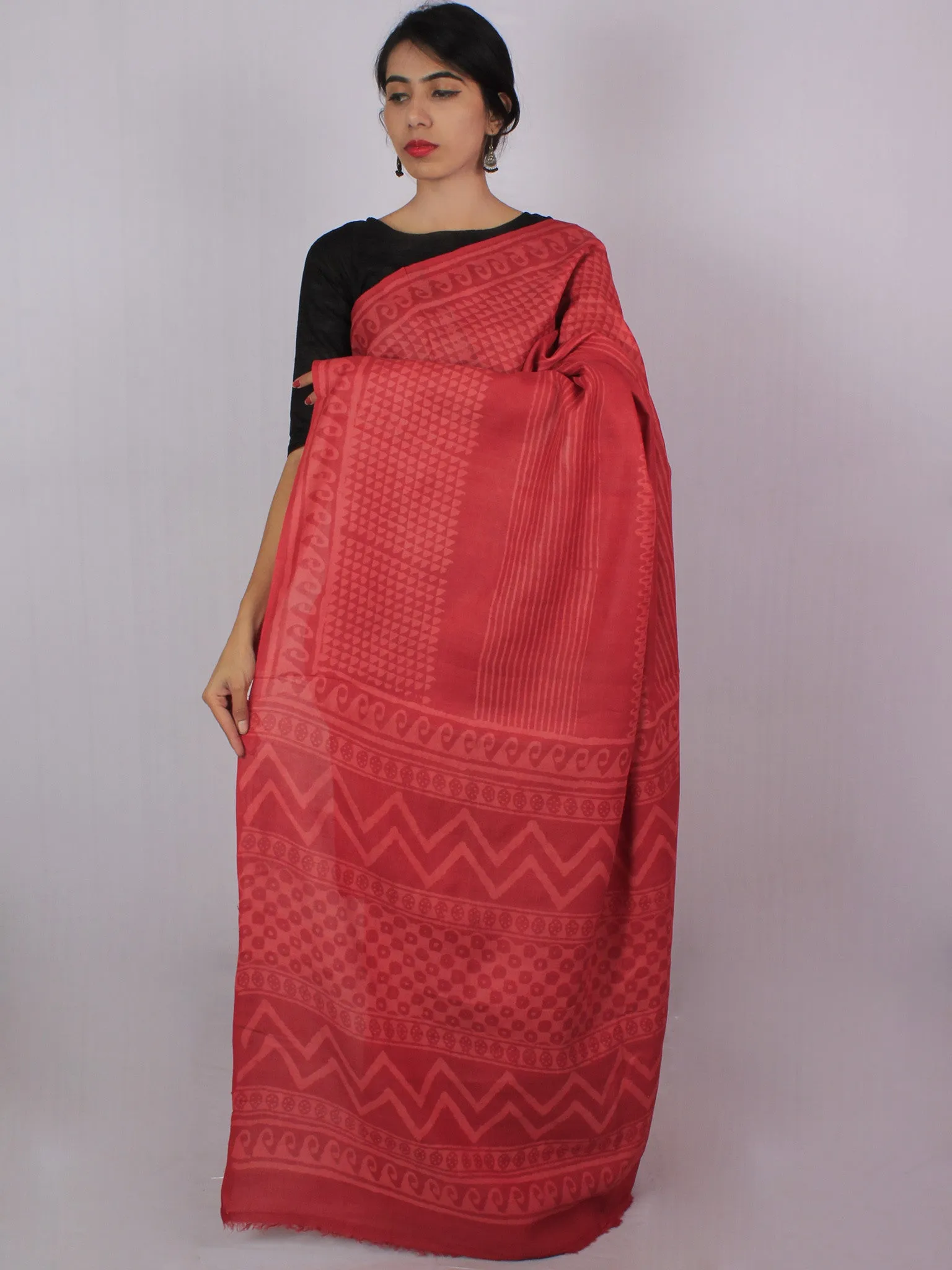 Tussar Handloom Silk Hand Block Printed Saree in Light Vermilion Red - S031701208