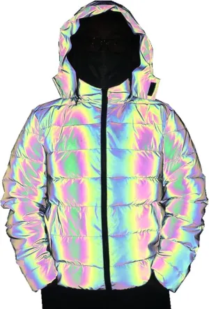 Unisex Rainbow Reflective Winter Warm Jacket Coat Thickened Cotton Padded Outwear Hip Hop Windproof Hooded Parka,Black,S(160cm50kg)