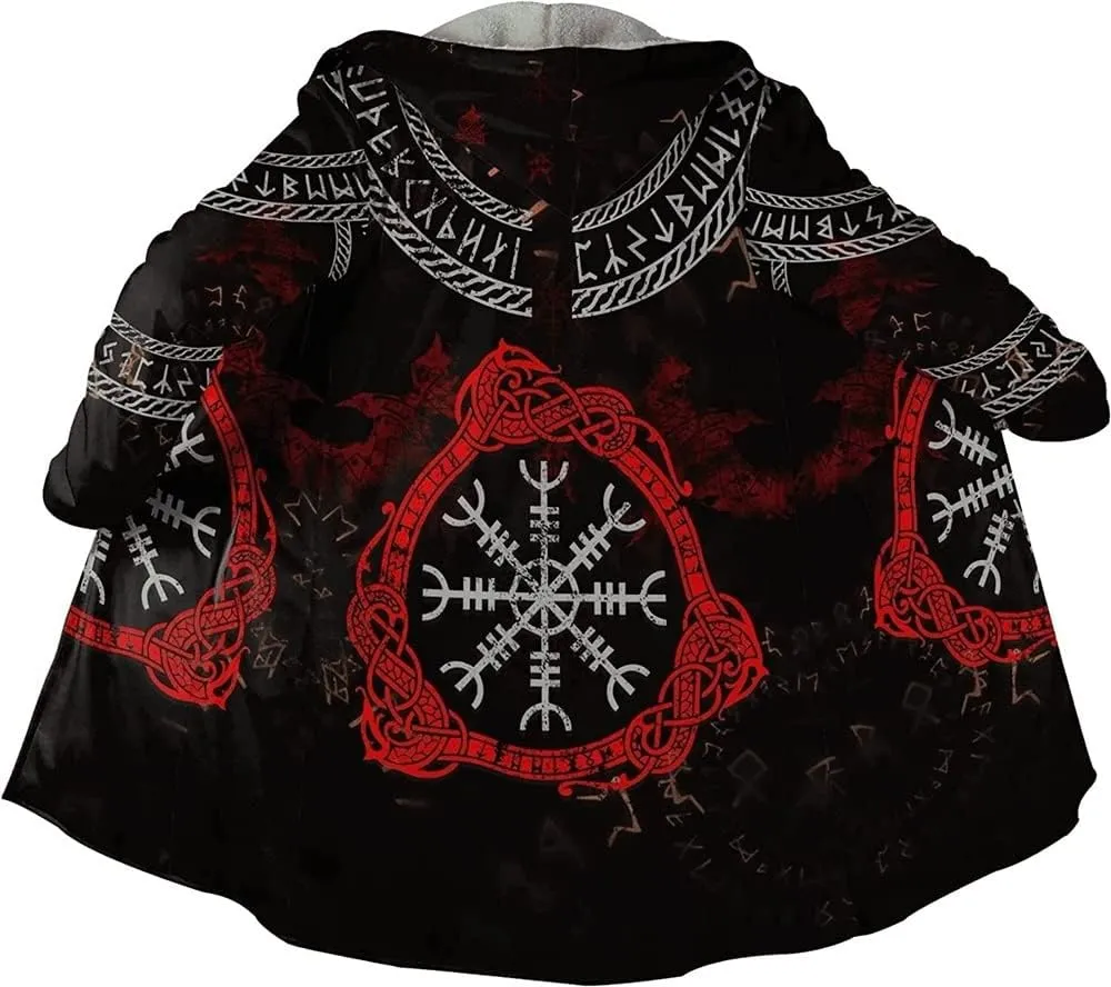 Viking Hooded Coats Unisex Faux Cashmere Robe Warm Long Sleeve Cloak Norse Myth Compass And Odin Raven Tattoo Overcoat