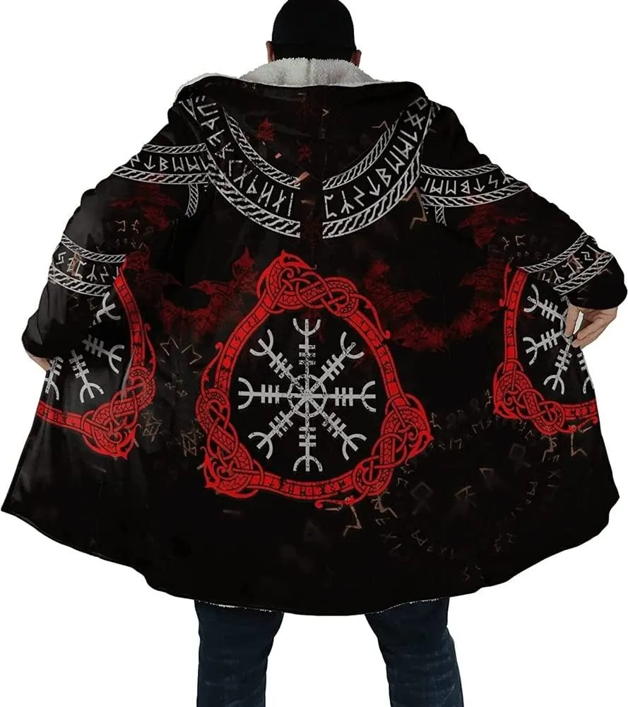 Viking Hooded Coats Unisex Faux Cashmere Robe Warm Long Sleeve Cloak Norse Myth Compass And Odin Raven Tattoo Overcoat