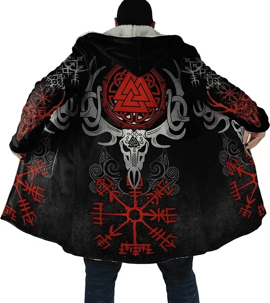 Viking Hooded Coats Unisex Faux Cashmere Robe Warm Long Sleeve Cloak Norse Myth Compass And Odin Raven Tattoo Overcoat