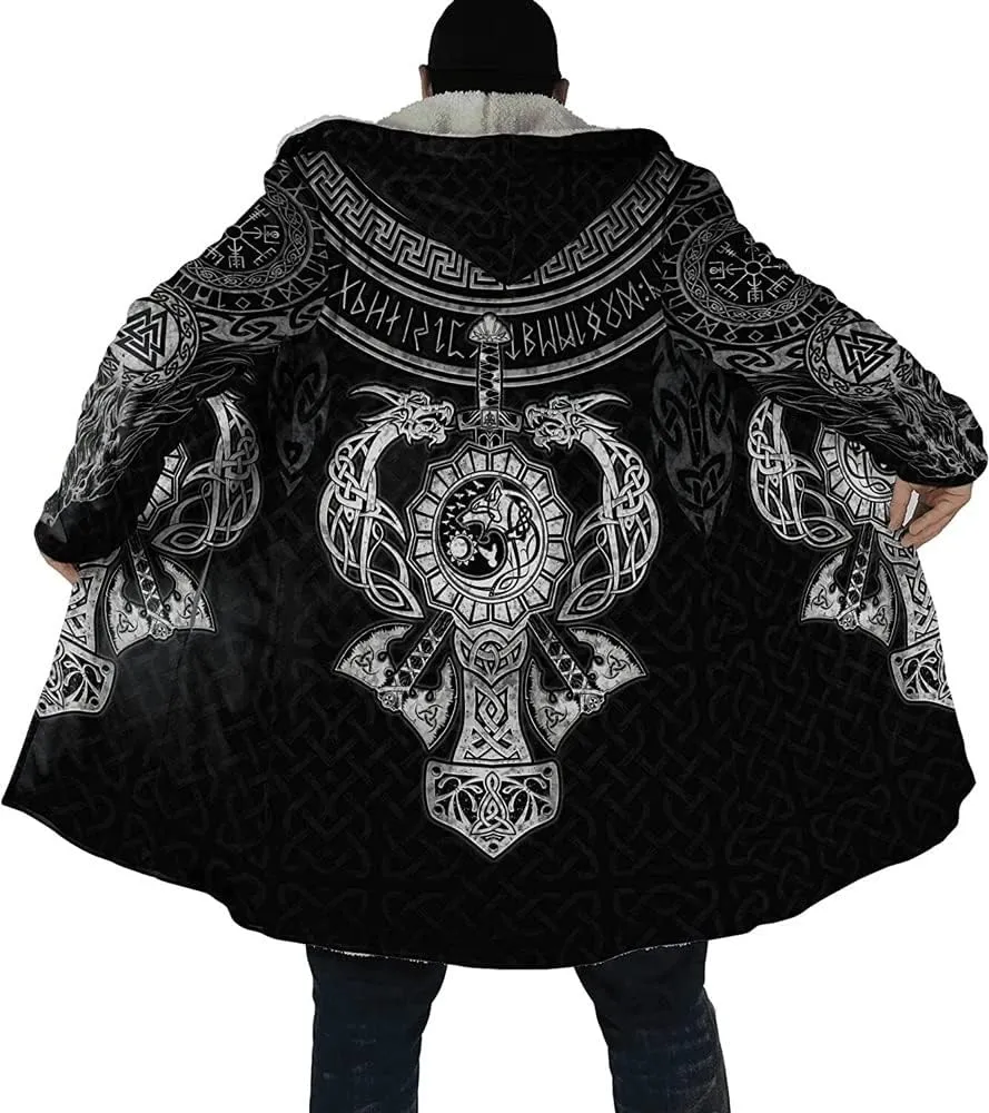Viking Hooded Coats Unisex Faux Cashmere Robe Warm Long Sleeve Cloak Norse Myth Compass And Odin Raven Tattoo Overcoat