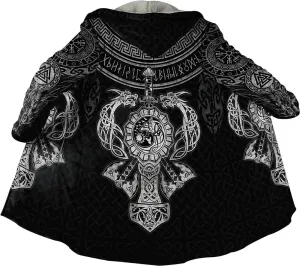 Viking Hooded Coats Unisex Faux Cashmere Robe Warm Long Sleeve Cloak Norse Myth Compass And Odin Raven Tattoo Overcoat