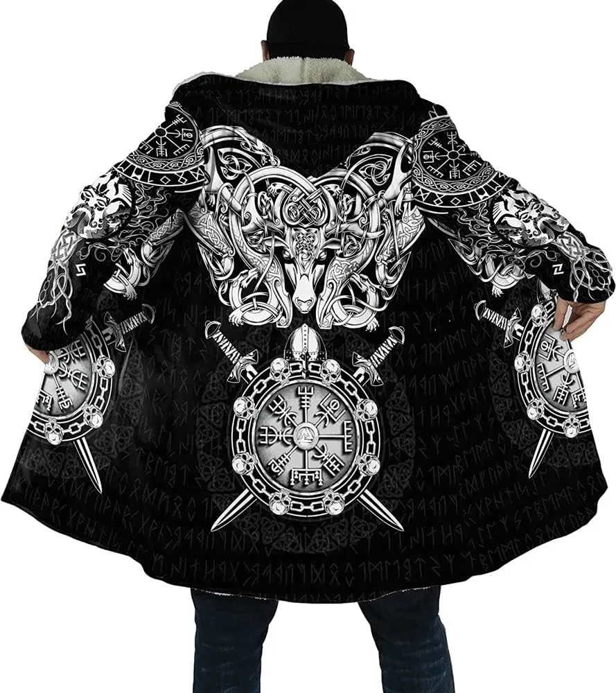 Viking Hooded Coats Unisex Faux Cashmere Robe Warm Long Sleeve Cloak Norse Myth Compass And Odin Raven Tattoo Overcoat