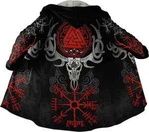 Viking Hooded Coats Unisex Faux Cashmere Robe Warm Long Sleeve Cloak Norse Myth Compass And Odin Raven Tattoo Overcoat