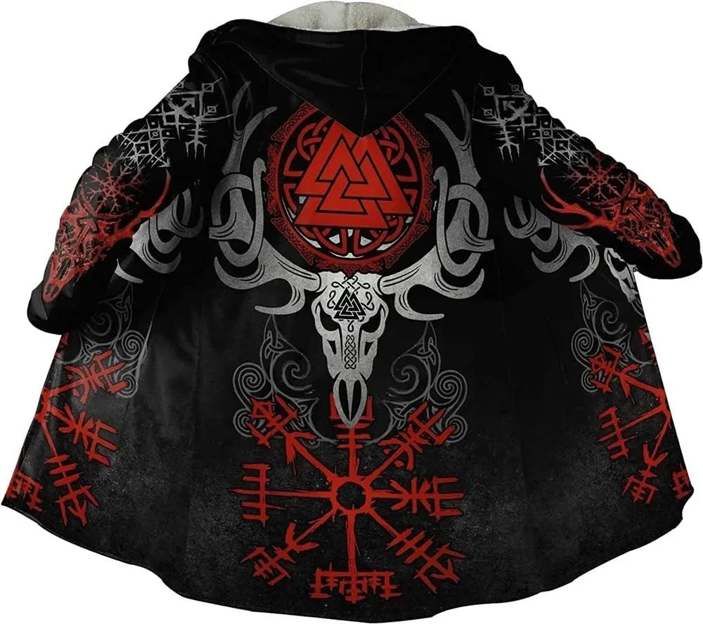 Viking Hooded Coats Unisex Faux Cashmere Robe Warm Long Sleeve Cloak Norse Myth Compass And Odin Raven Tattoo Overcoat