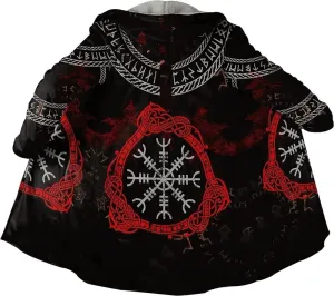 Viking Hooded Coats Unisex Faux Cashmere Robe Warm Long Sleeve Cloak Norse Myth Compass And Odin Raven Tattoo Overcoat