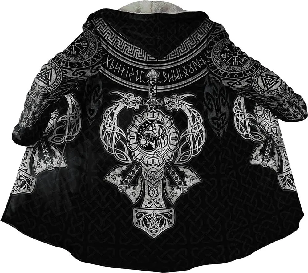 Viking Hooded Coats Unisex Faux Cashmere Robe Warm Long Sleeve Cloak Norse Myth Compass And Odin Raven Tattoo Overcoat