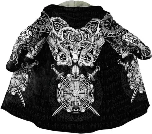Viking Hooded Coats Unisex Faux Cashmere Robe Warm Long Sleeve Cloak Norse Myth Compass And Odin Raven Tattoo Overcoat