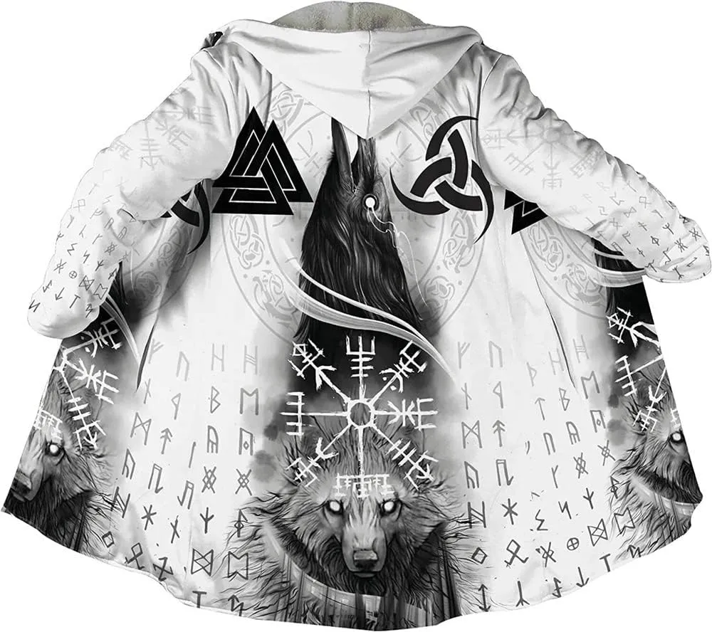 Viking Hooded Coats Unisex Faux Cashmere Robe Warm Long Sleeve Cloak Norse Myth Compass And Odin Raven Tattoo Overcoat