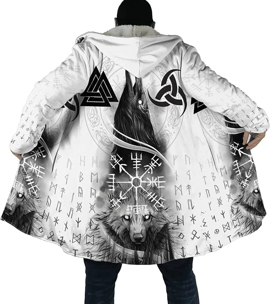 Viking Hooded Coats Unisex Faux Cashmere Robe Warm Long Sleeve Cloak Norse Myth Compass And Odin Raven Tattoo Overcoat