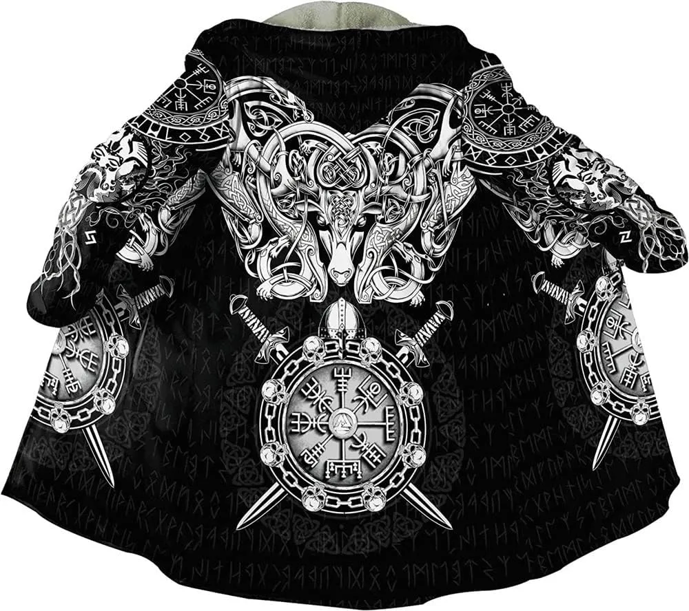 Viking Hooded Coats Unisex Faux Cashmere Robe Warm Long Sleeve Cloak Norse Myth Compass And Odin Raven Tattoo Overcoat