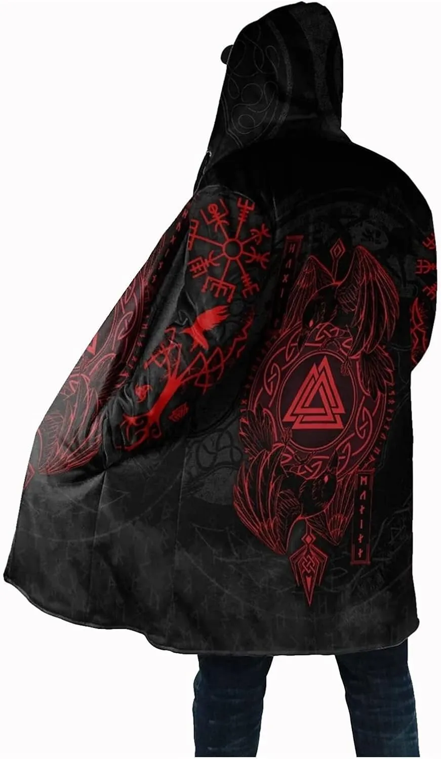Viking Men Hooded Cloak, Norse Mythology Tattoo 3D Printed, Winter Warm Coat Parka, Horn Button Design Thick Warm Jacke
