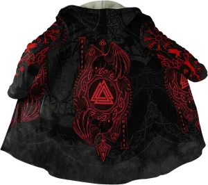 Viking Men Hooded Cloak, Norse Mythology Tattoo 3D Printed, Winter Warm Coat Parka, Horn Button Design Thick Warm Jacke