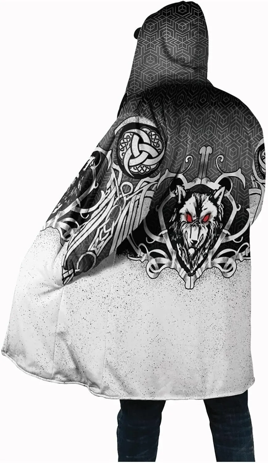 Viking Men Hooded Cloak, Norse Mythology Tattoo 3D Printed, Winter Warm Coat Parka, Horn Button Design Thick Warm Jacke