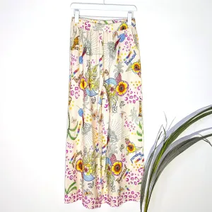 Viscose linen mix tropical print straight leg trousers with elasticated waist and pockets