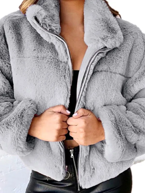 Warm Thick Plush Fluffy Zipper Collared Cardigan Coats