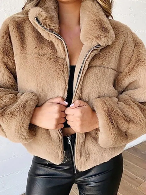 Warm Thick Plush Fluffy Zipper Collared Cardigan Coats