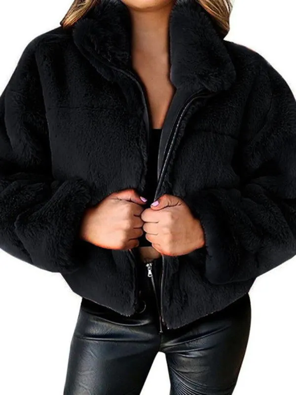 Warm Thick Plush Fluffy Zipper Collared Cardigan Coats