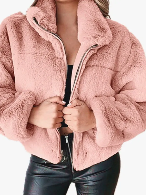 Warm Thick Plush Fluffy Zipper Collared Cardigan Coats