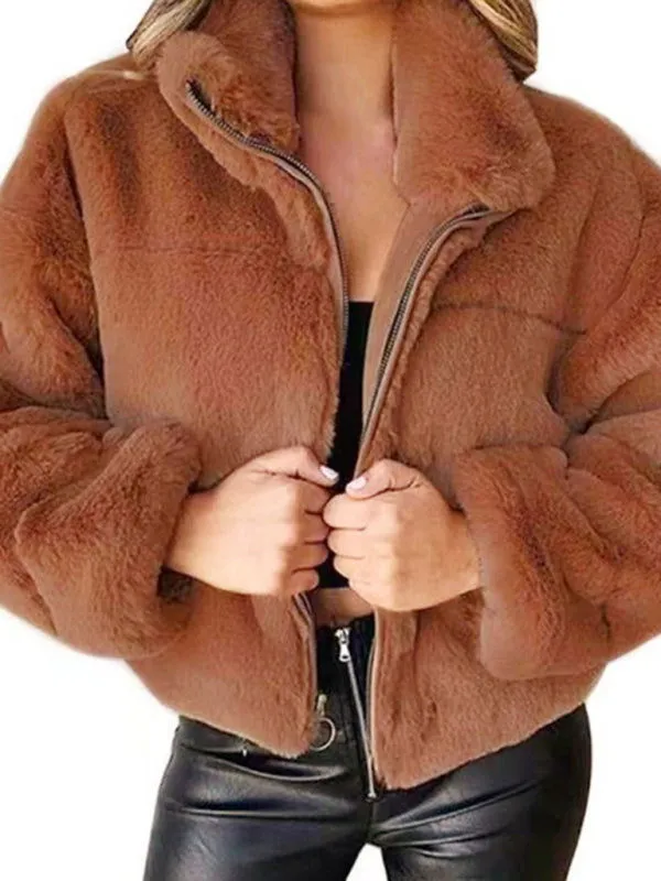 Warm Thick Plush Fluffy Zipper Collared Cardigan Coats
