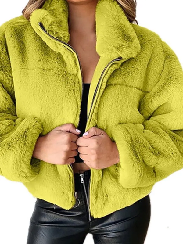 Warm Thick Plush Fluffy Zipper Collared Cardigan Coats