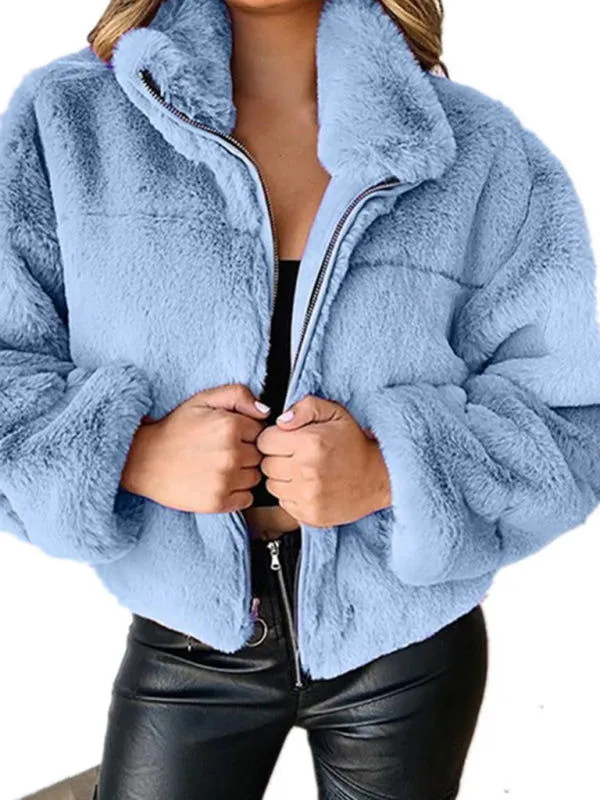 Warm Thick Plush Fluffy Zipper Collared Cardigan Coats