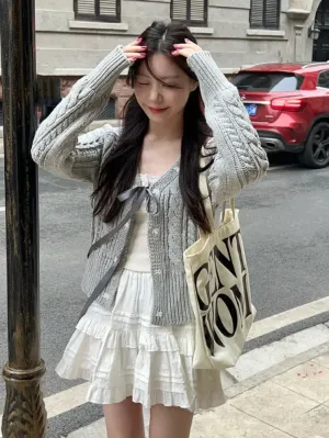 Wenkouban Autumn Korean Style Sweet Bow Grey Cardigans/Cute Tank Top/white tiered skirt