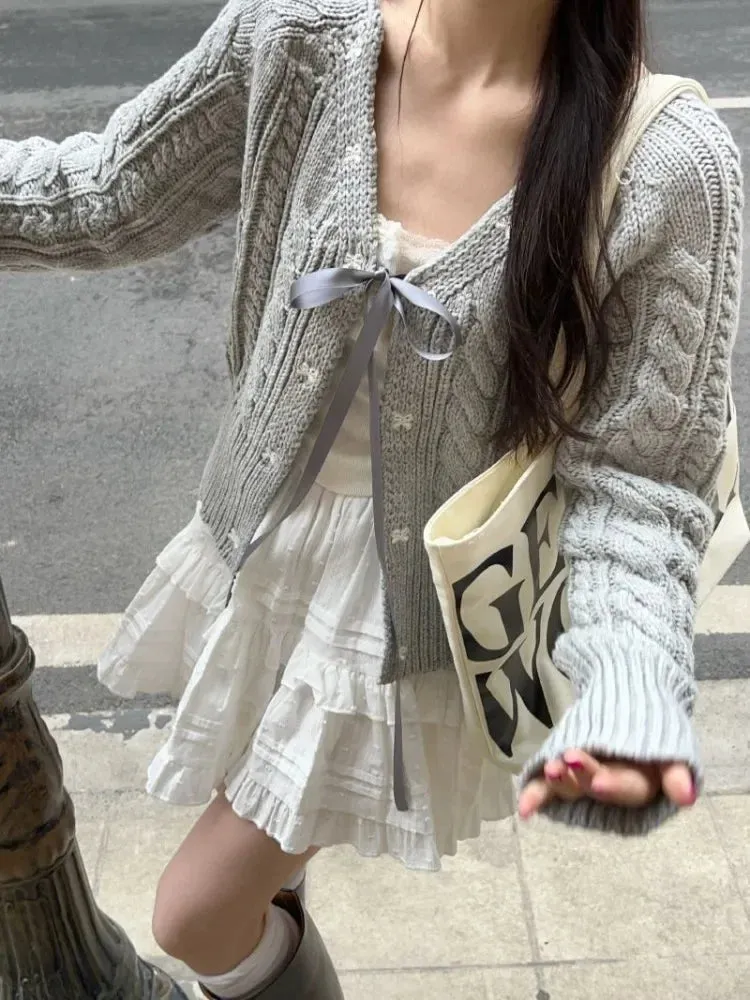 Wenkouban Autumn Korean Style Sweet Bow Grey Cardigans/Cute Tank Top/white tiered skirt