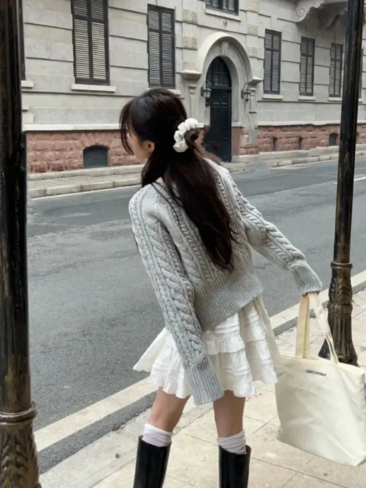 Wenkouban Autumn Korean Style Sweet Bow Grey Cardigans/Cute Tank Top/white tiered skirt